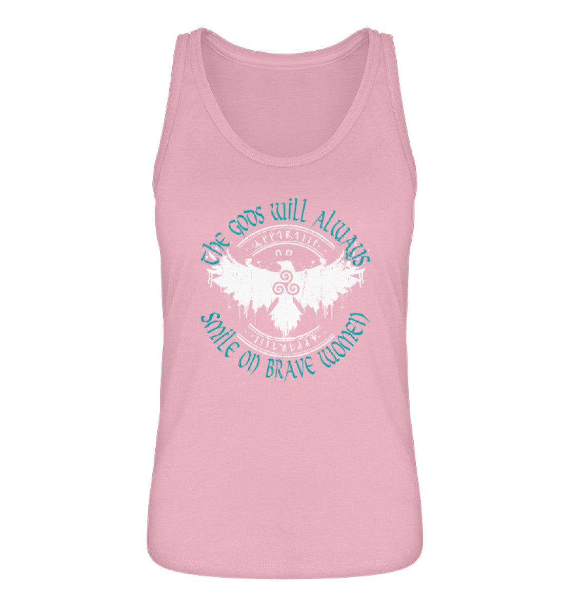 Pink Schildmaiden tanktop with "The Gods Will Always Smile on Brave Women" text, featuring a Celtic Triskelion, stylized eagle, and runes.