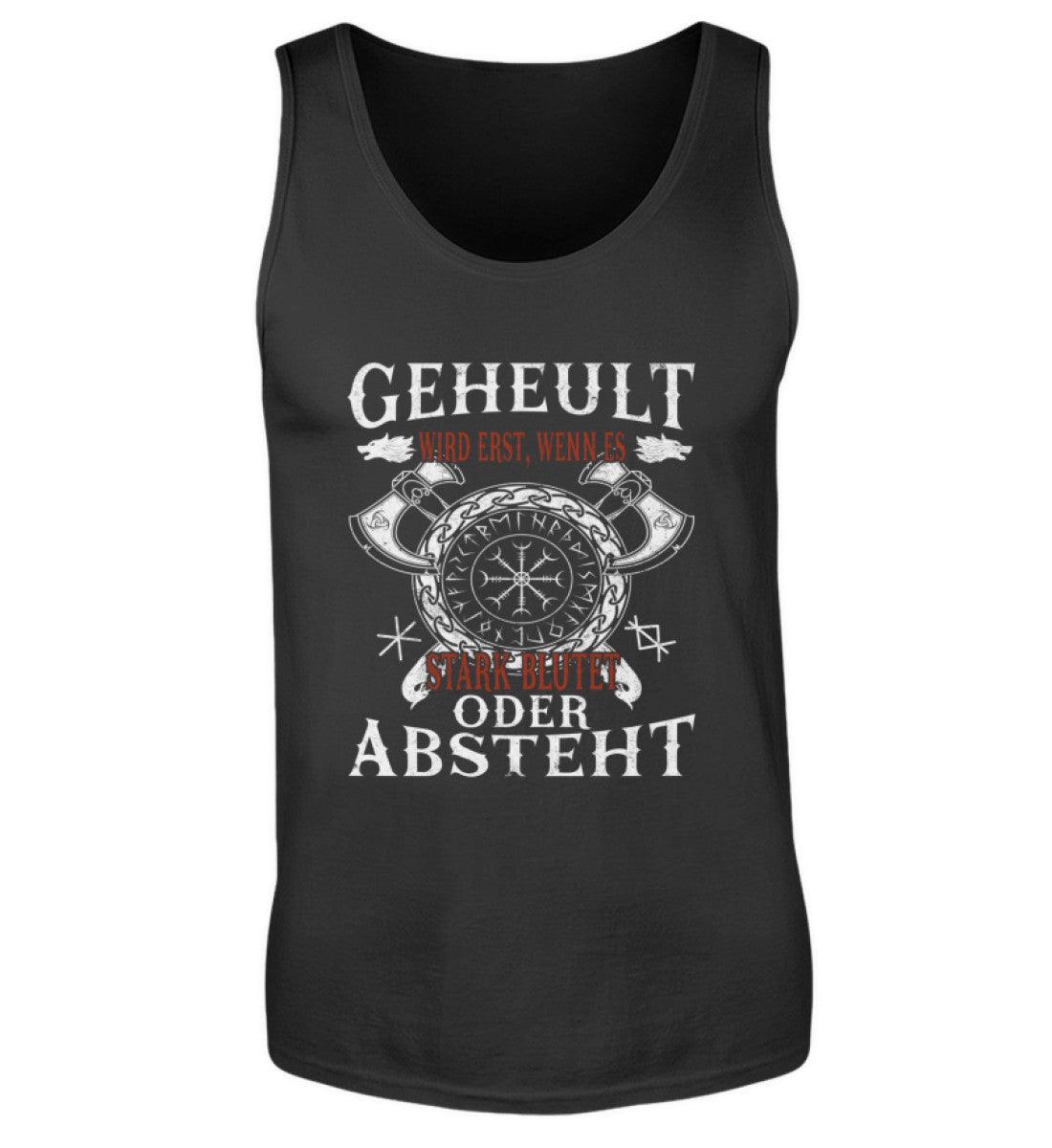 Schwarzes Herren Tanktop mit Wikinger-Motiv und Spruch "Geheult wird erst, wenn es stark blutet oder absteht".