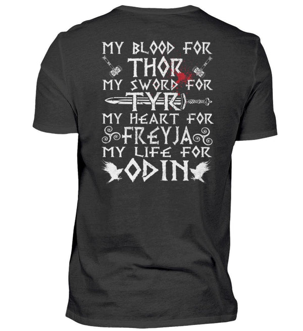 Wikinger-Treue-Shirt: "My Blood for Thor, My Sword for Tyr, My Heart for Freyja, My Life for Odin" - Nordic Viking Wear