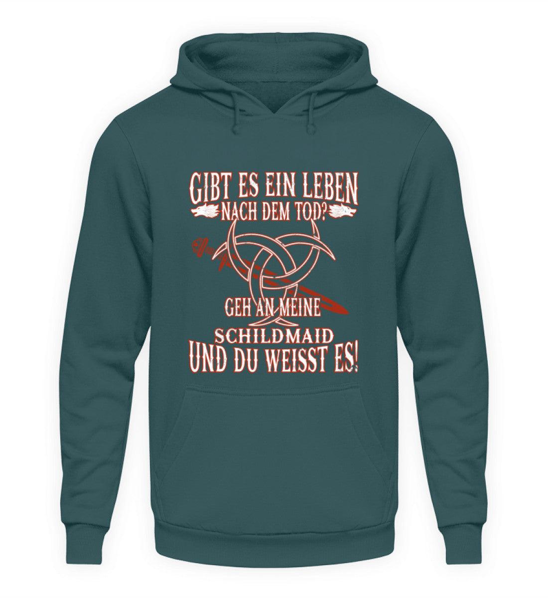 Lustiger Wikinger Unisex Kapuzenpullover Hoodie in Dunkelgrün mit Spruch "Gibt Es Ein Leben Nach Dem Tod" und Wikinger-Motiv