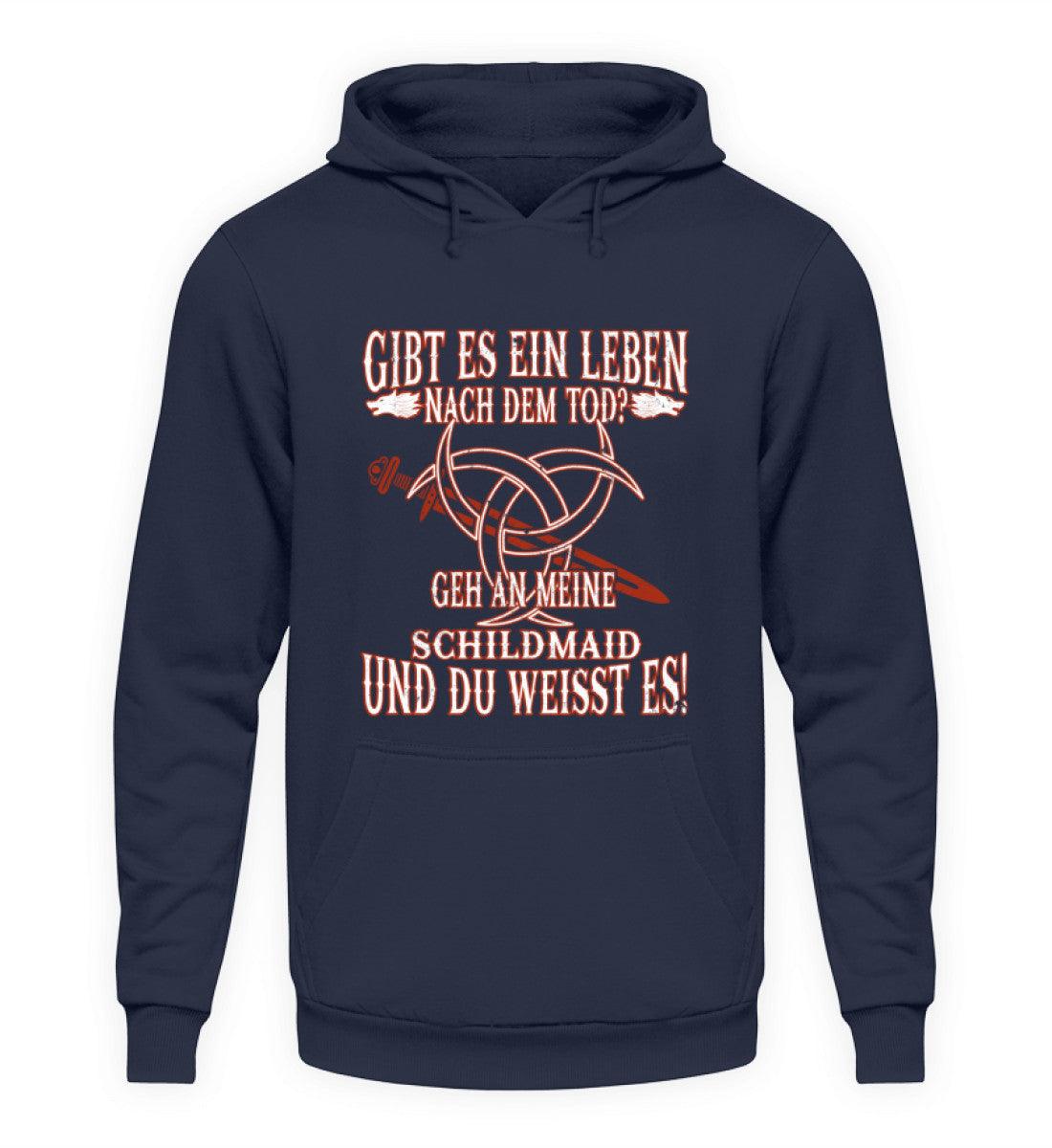 Lustiger Wikinger Hoodie - Unisex Kapuzenpullover mit Schriftzug "Gibt Es Ein Leben Nach Dem Tod" in dunklem Blau, perfekt als Geschenk.