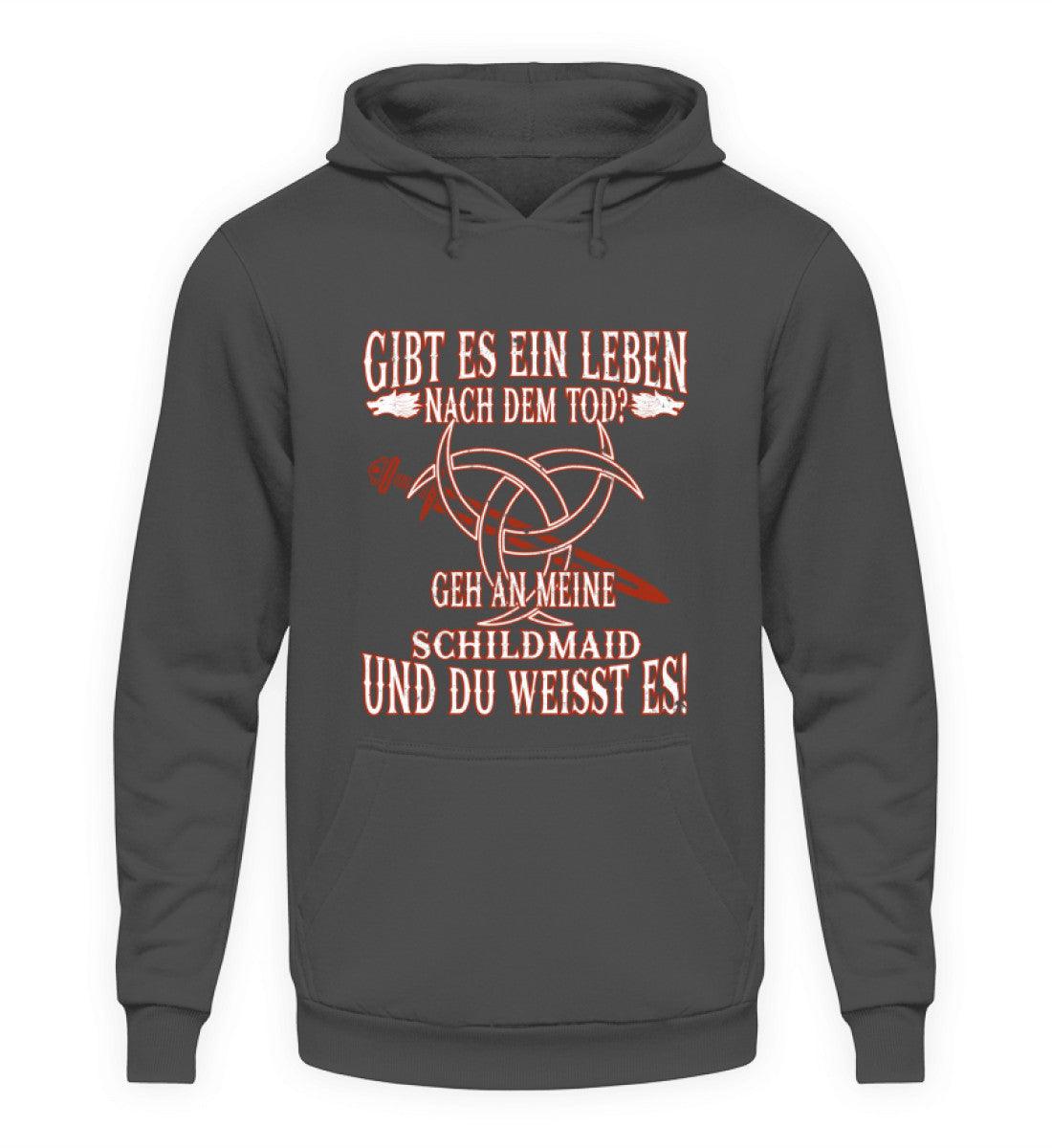 Unisex Kapuzenpullover Hoodie mit lustigem Wikinger-Design und Spruch "Gibt Es Ein Leben Nach Dem Tod?" in schwarzer Farbe.