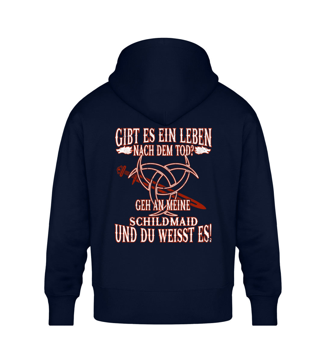 Lustiger Wikinger Oversize Hoodie Rückansicht mit Text "Gibt Es Ein Leben Nach Dem Tod" in dunklen Farben, Unisex Organic Hoodie.