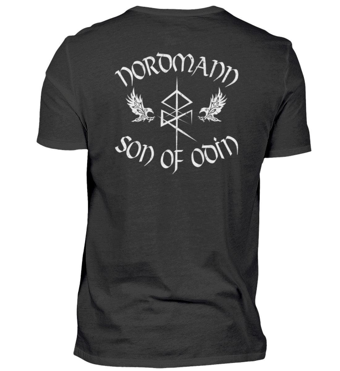 Back view of Wikinger Backprint Premiumshirt 'Nordmann - Son of Odin' with runes and ravens design