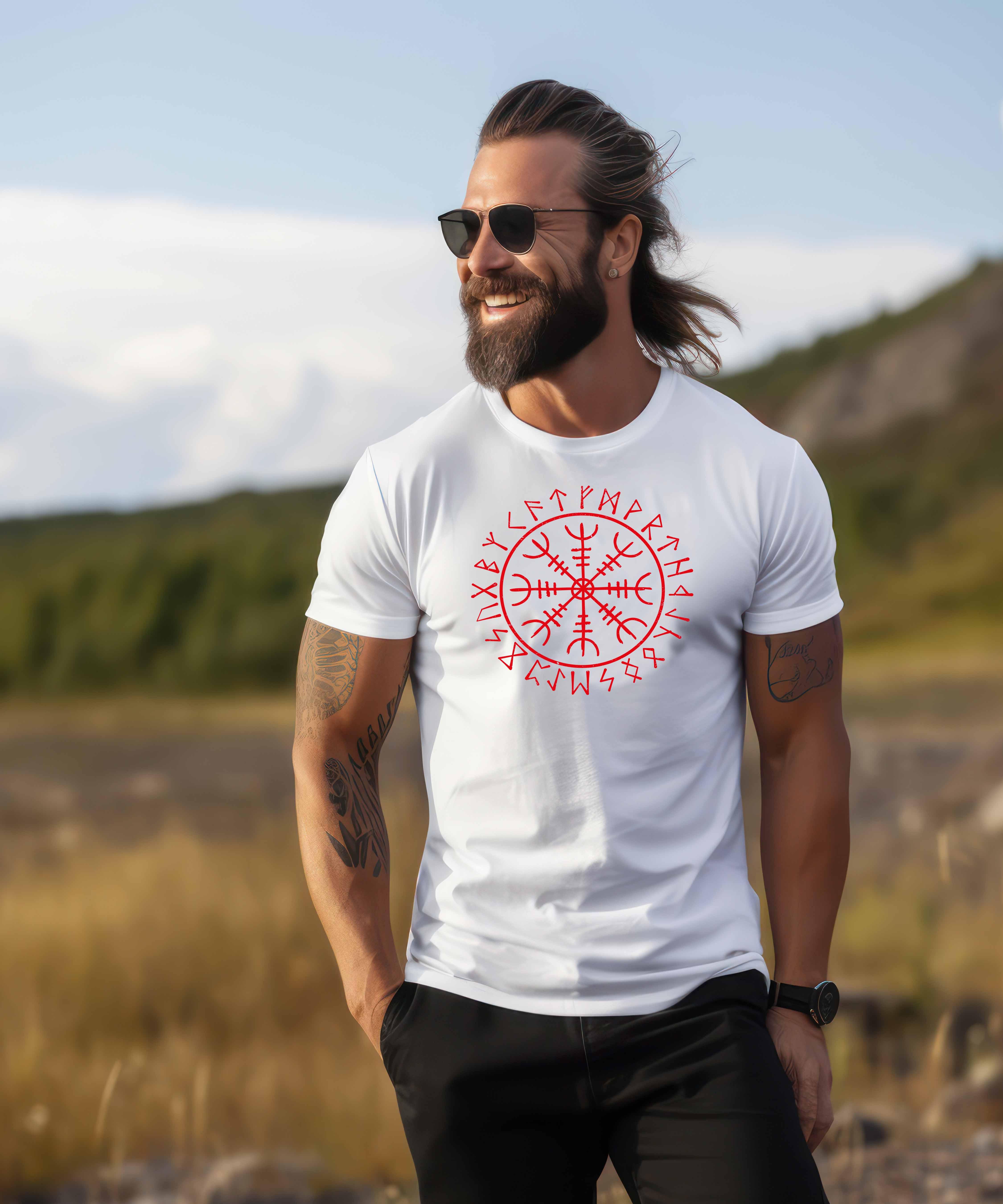 Helm Of Awe Mit Runenkreis - Herren Premiumshirt Weiß - Nordic Viking Wear