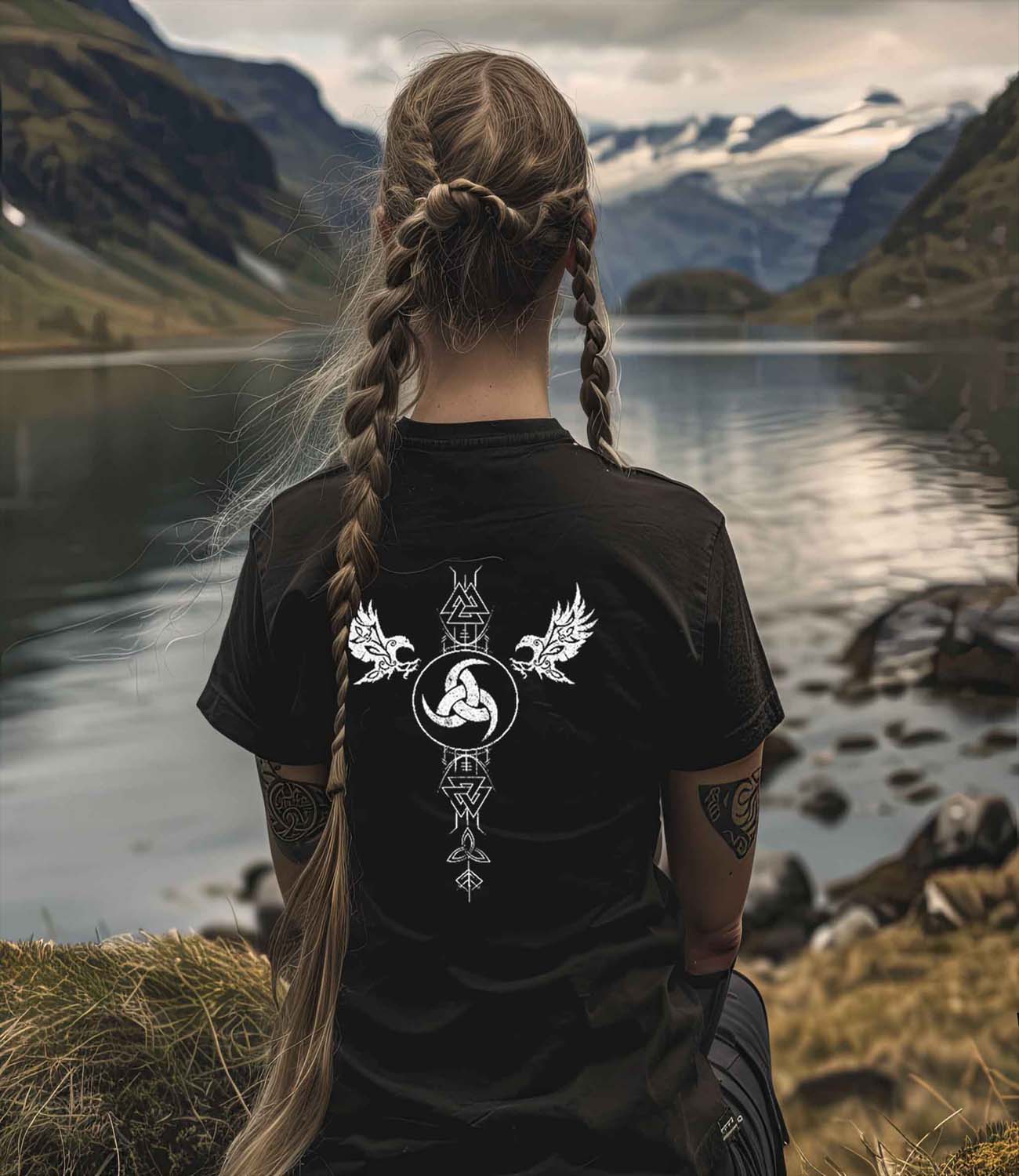 Schildmaiden Extendet Shirt – Wikinger-Symbolik mit Valknut, Odins Horn & Raben