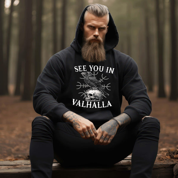 Wikinger Hoodie mit Helm Of Awe & Raben-Design - "See You In Valhalla" - Nordic Viking Wear