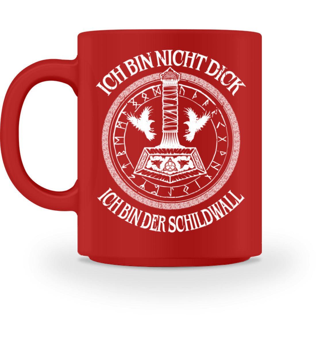 Wikinger Tasse Schildwall 3.0 - rote Tasse mit Thors Hammer und Runenkreis Design und dem Spruch "Ich bin nicht dick, ich bin der Schildwall"