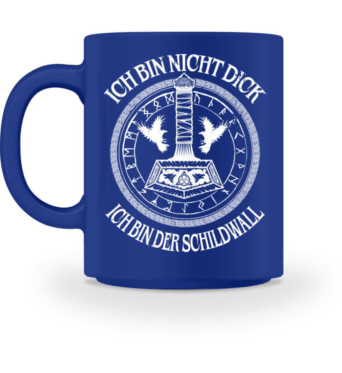 Wikinger Tasse mit Thors Hammer und Runenkreis, witziger Spruch "Ich bin nicht dick, ich bin der Schildwall", blaues Design, Wikinger-Stolz