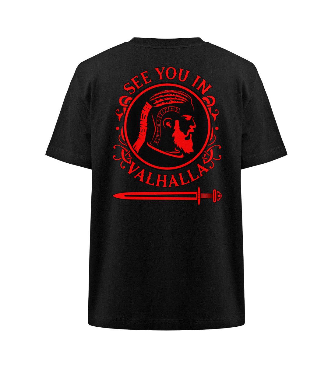 Wikinger Heavy Oversized Shirt "See You In Valhalla" with Viking warrior profile, runes, and sword design in red on black fabric.