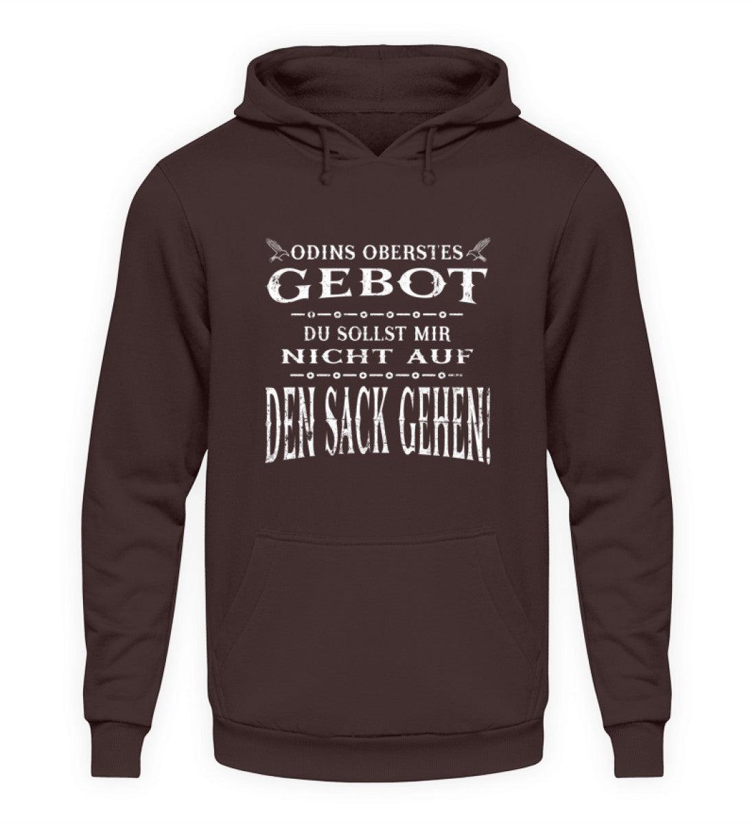 Lustiger Wikinger Hoodie mit dem Spruch "Odins Oberstes Gebot: Du Sollst Mir Nicht Auf Den Sack Gehen!" in Dunkelbraun