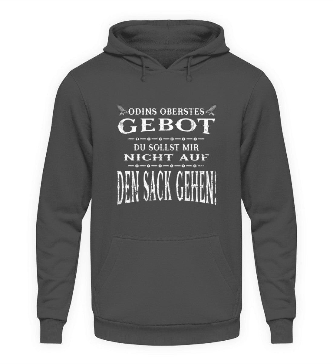 Lustiger Wikinger-Hoodie mit Spruch "Odins Oberstes Gebot: Du Sollst Mir Nicht Auf Den Sack Gehen!" in Grau.