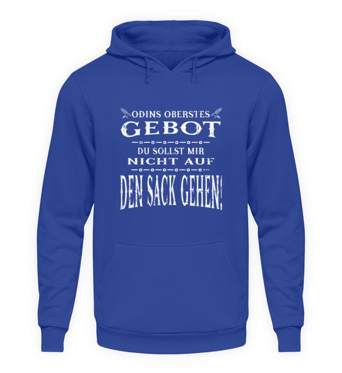 Lustiger Wikinger-Hoodie mit dem Spruch "Odins Oberstes Gebot: Du Sollst Mir Nicht Auf Den Sack Gehen!" in Blau