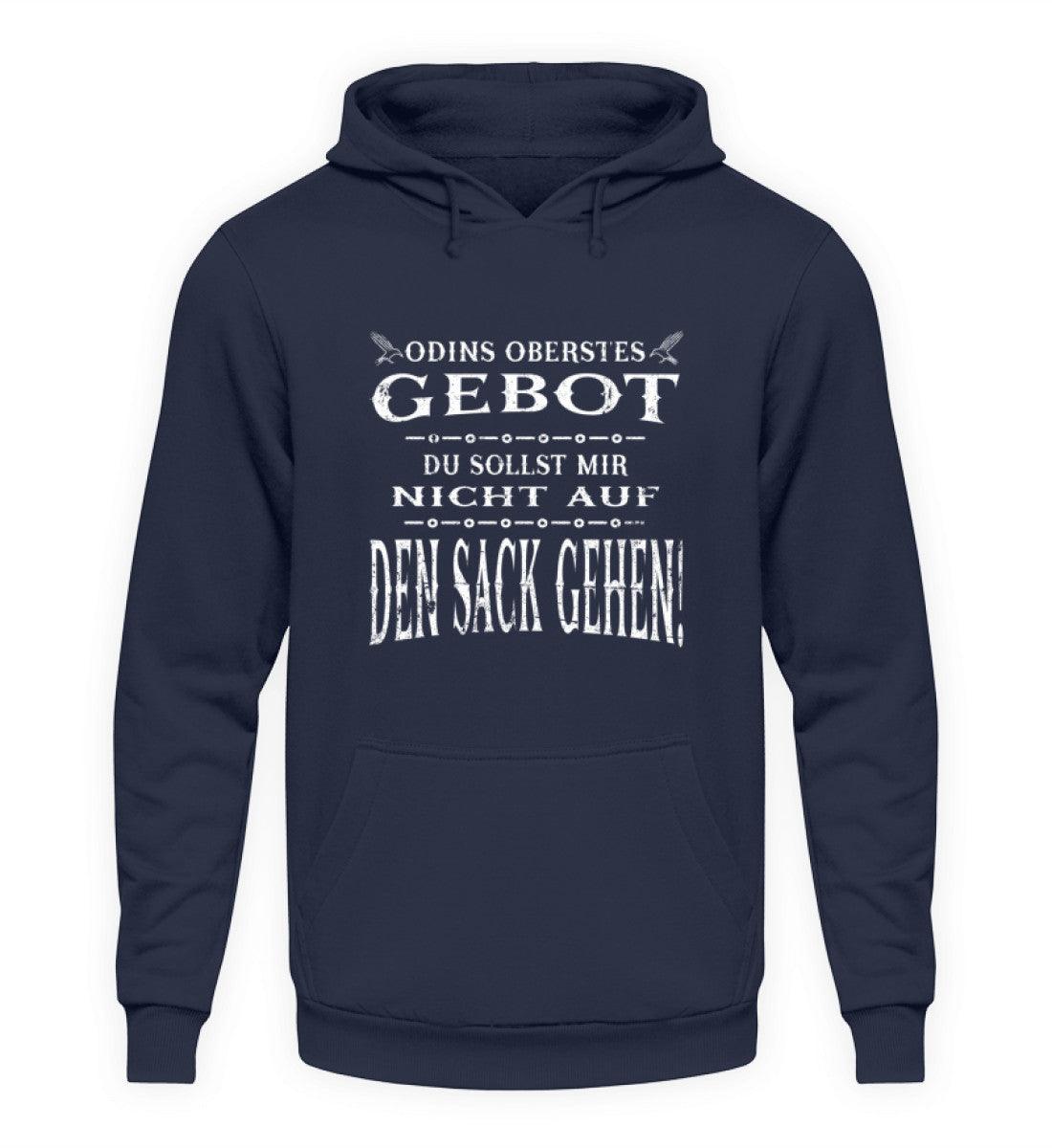 Lustiger Wikinger Hoodie mit Odins Gebot "Du Sollst Mir Nicht Auf Den Sack Gehen!" in Dunkelblau