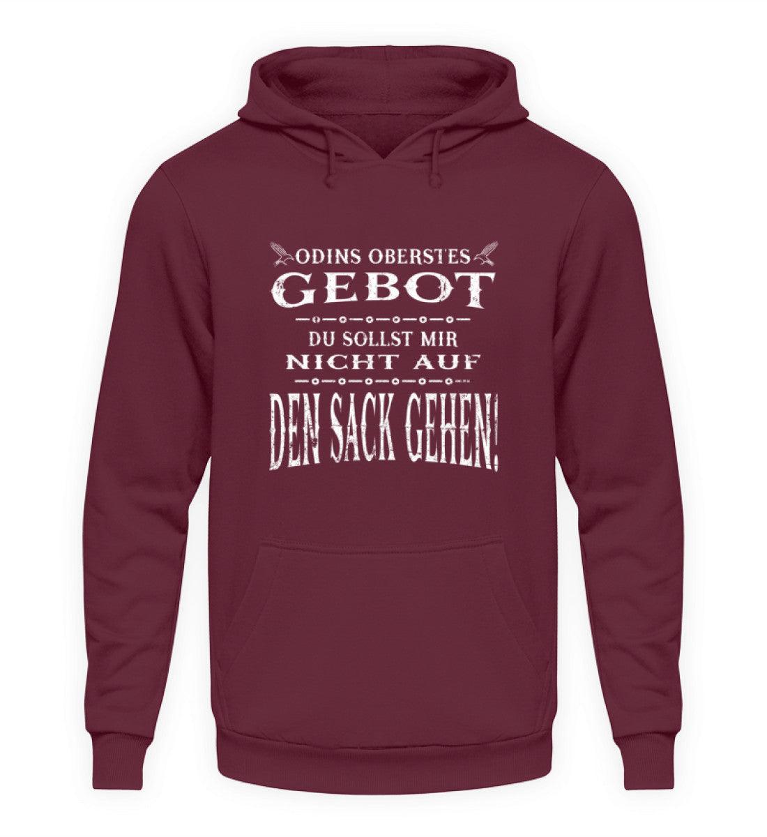 Lustiger Wikinger-Hoodie mit witzigem Spruch "Odins Oberstes Gebot: Du Sollst Mir Nicht Auf Den Sack Gehen!" in dunklem Rot