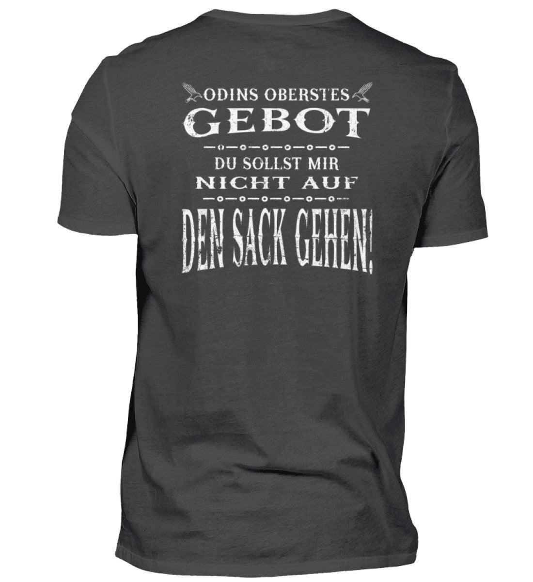 Lustiges Wikinger-Shirt mit dem Spruch "Odins Oberstes Gebot: Du Sollst Mir Nicht Auf Den Sack Gehen!" in weißer Schrift