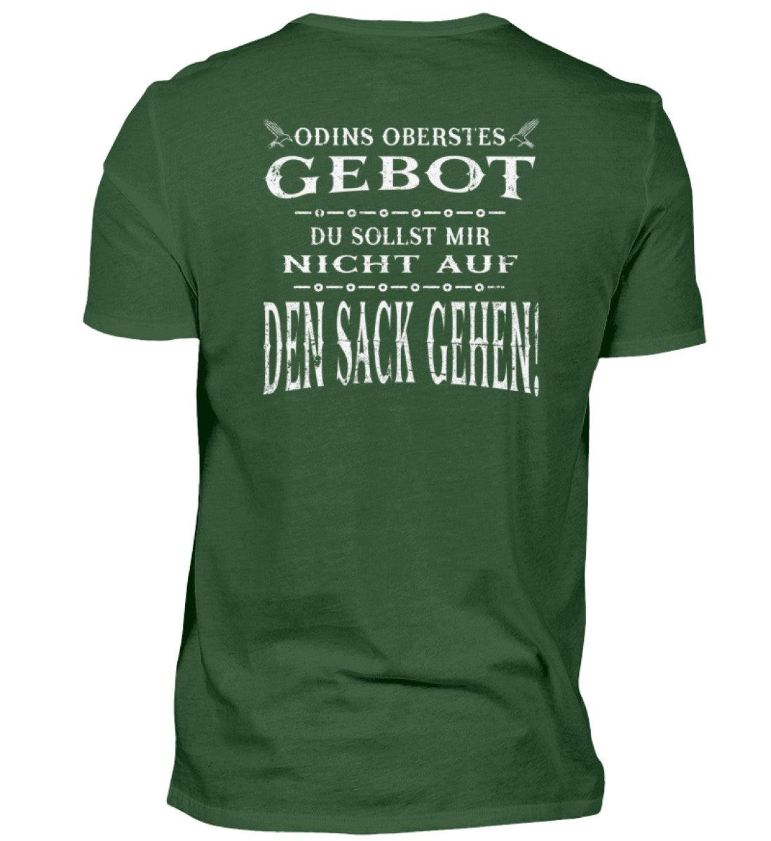 Lustiges Wikinger-Backprintshirt mit dem Spruch "Odins Oberstes Gebot: Du Sollst Mir Nicht Auf Den Sack Gehen!" in Grün.