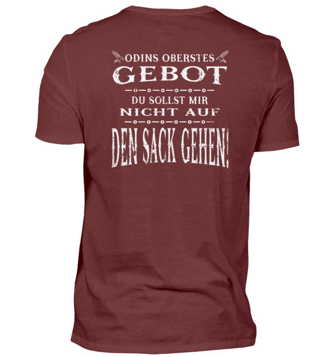 Lustiges Wikinger-Backprint-Shirt mit der Aufschrift "Odins Oberstes Gebot: Du Sollst Mir Nicht Auf Den Sack Gehen!" in Rot.