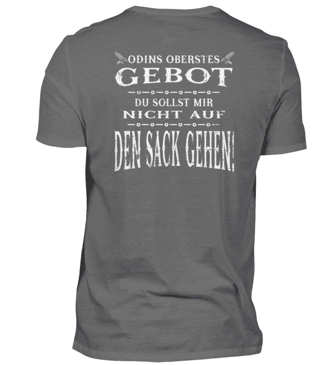 Lustiges Wikinger-Backprint-Shirt mit Aufdruck "Odins Oberstes Gebot: Du Sollst Mir Nicht Auf Den Sack Gehen" in Grau