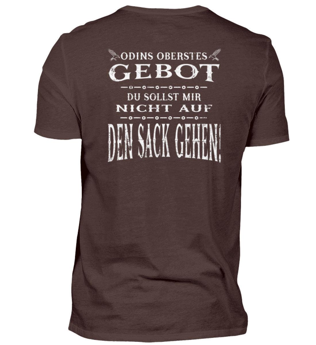 Lustiges Wikinger Backprint Premiumshirt mit Odins Oberstes Gebot: Du Sollst Mir Nicht Auf Den Sack Gehen! Design.