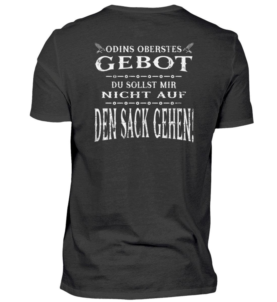 Lustiges Wikinger-Backprint-Shirt mit Aufdruck "Odins Oberstes Gebot: Du Sollst Mir Nicht Auf Den Sack Gehen!" in Schwarz.