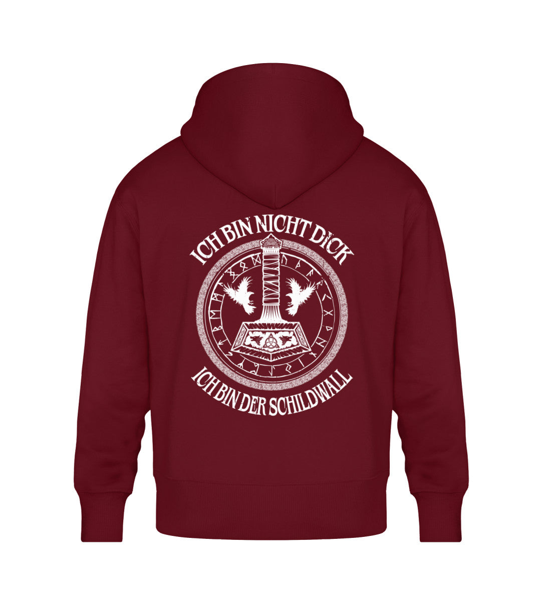 Wikinger Oversized Hoodie Schildwall 3.0 with white Thors Hammer and mystical runic circle design, featuring humorous slogan in German