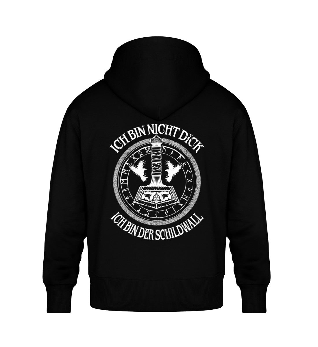 Wikinger Oversized Hoodie Schildwall 3.0 with Thors Hammer and runes design on back, humorous text "Ich bin nicht dick, ich bin der Schildwall".