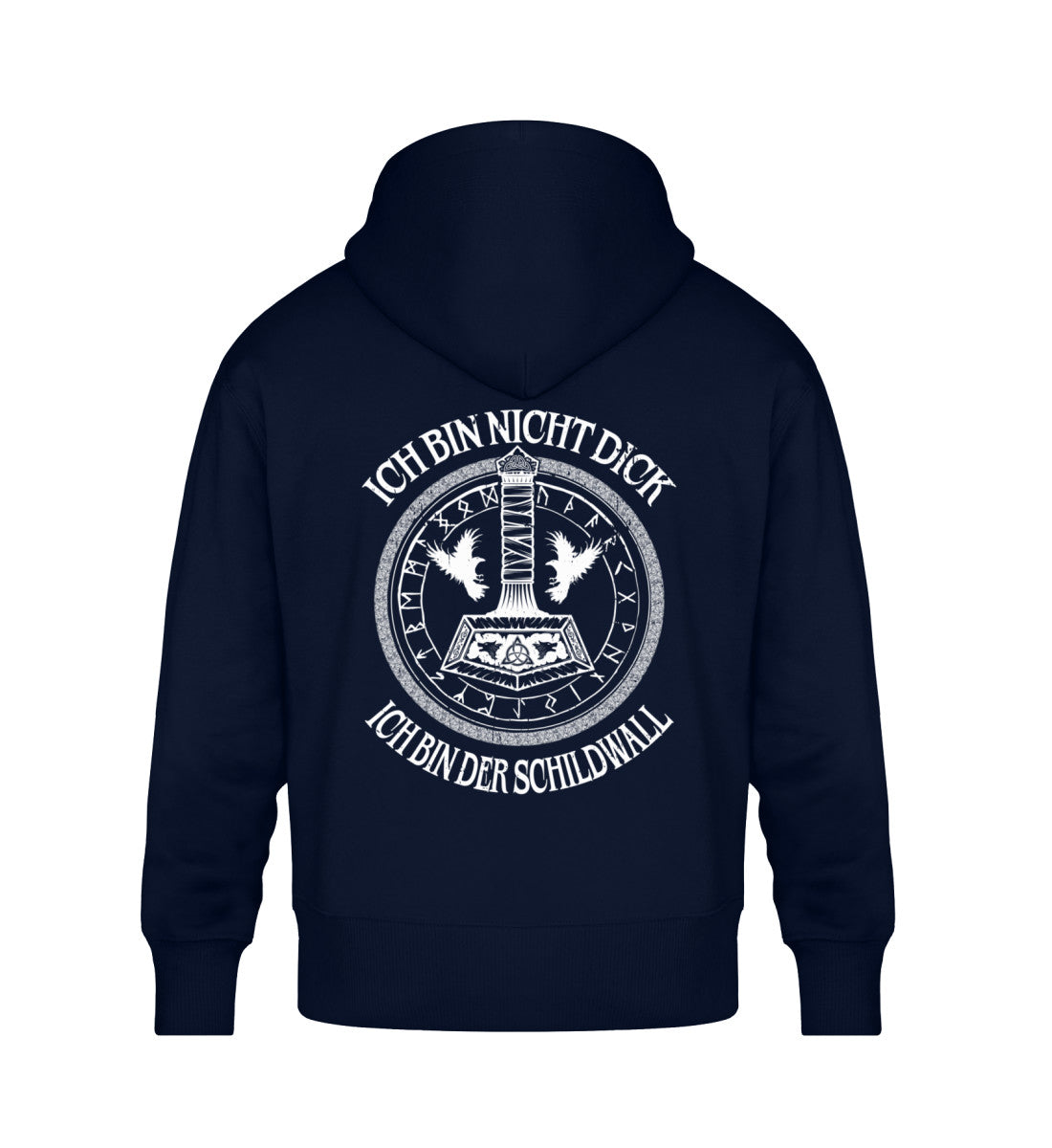 Wikinger Oversized Hoodie Schildwall 3.0 mit Thors Hammer und Runenkreis Design, witziger Spruch "Ich bin nicht dick, ich bin der Schildwall"