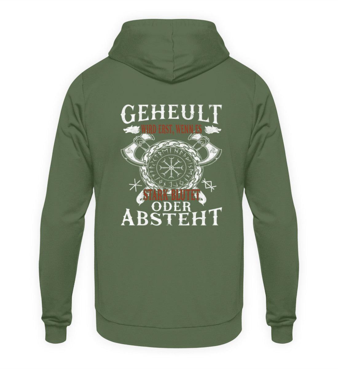 Grüner lustiger Wikinger Hoodie mit Helm of Awe Symbol und witzigem Spruch auf der Rückseite.