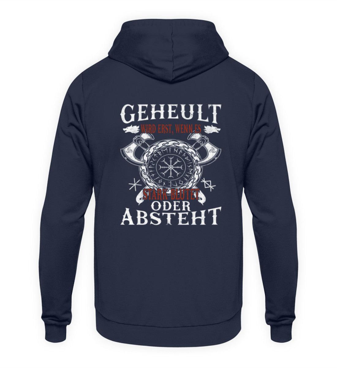 Lustiger Wikinger Hoodie mit Helm of Awe-Symbol und humorvollem Spruch in deutscher Sprache, Design auf der Rückseite des Hoodies