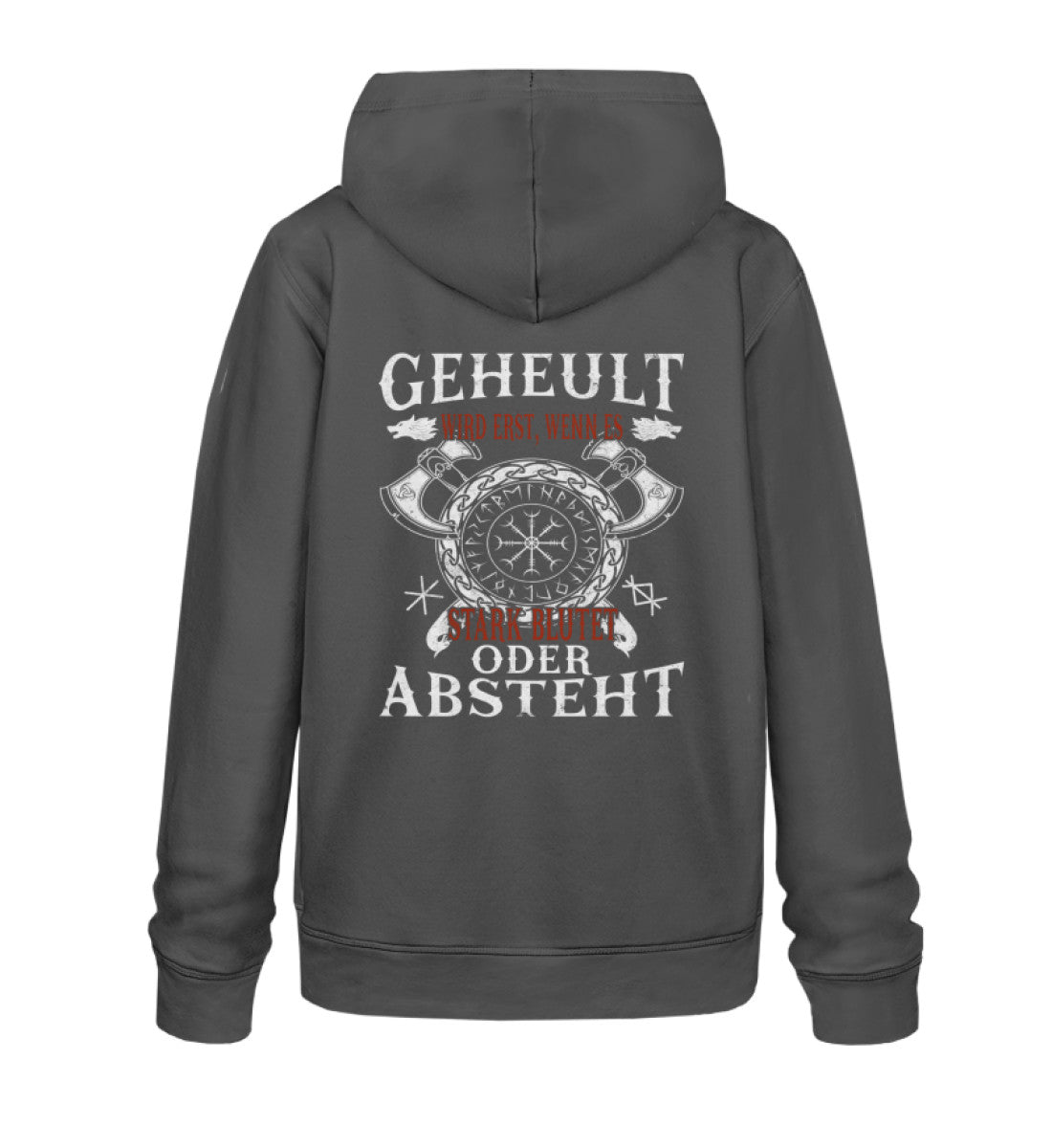 Lustiges Wikinger Premium Hoodie Geheult - Unisex Organic Hoodie 2.0, Rückansicht, Grauer Hoodie mit Wikinger-Motiv und Text