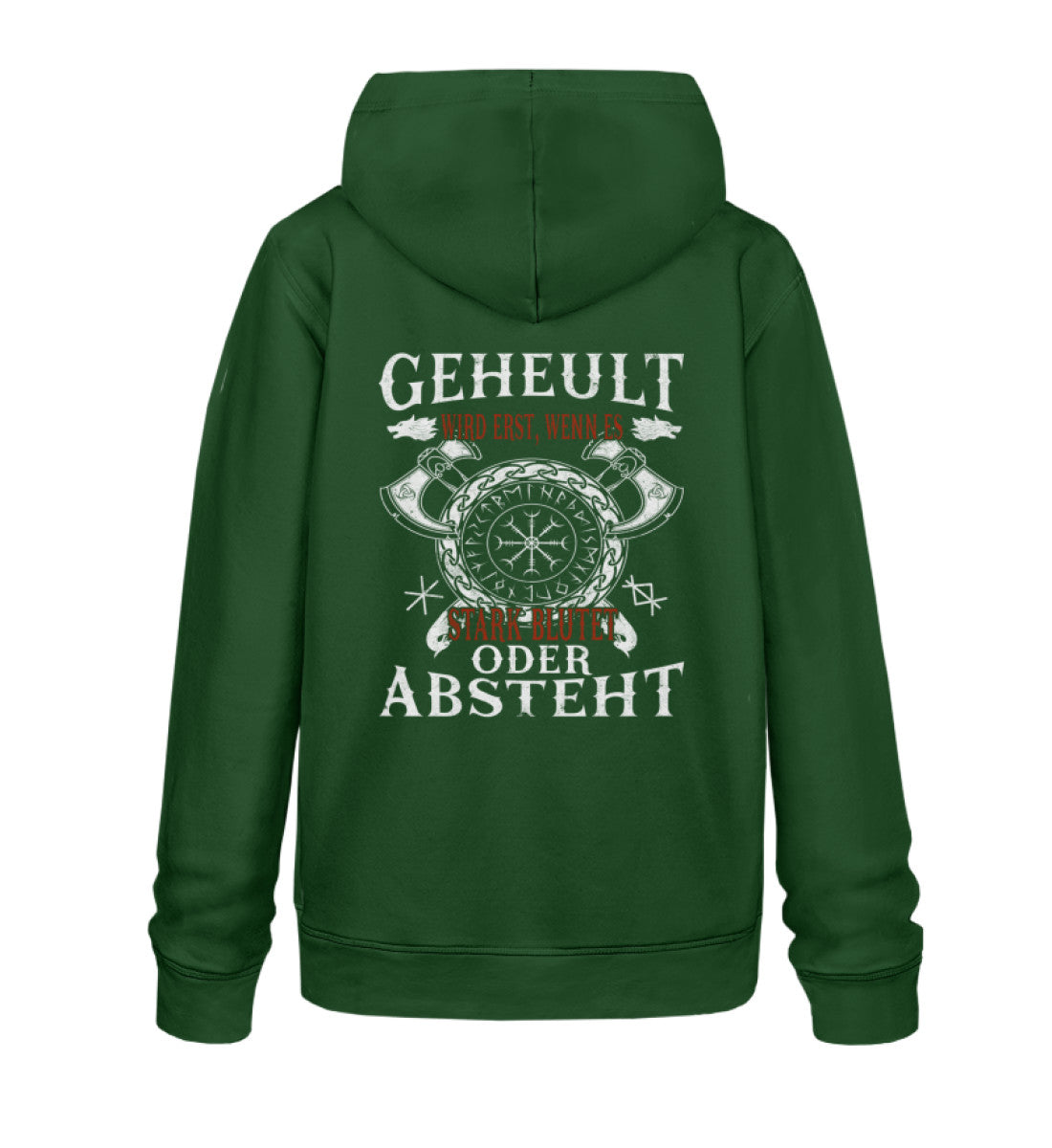 Grüner Unisex Organic Hoodie mit Wikinger-Motiv und Aufschrift "Geheult wird erst, wenn ihr Kirche oder Absteht" auf dem Rücken.