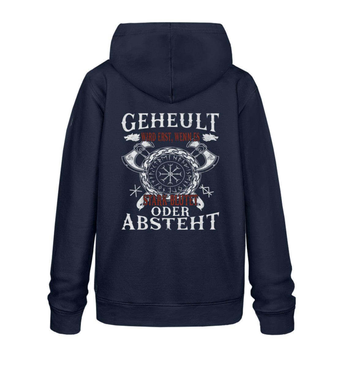 Unisex organic hoodie with Viking-themed design and text "Geheult wird erst, wenn es gar nicht mehr geht oder absteht" on the back, blue color.