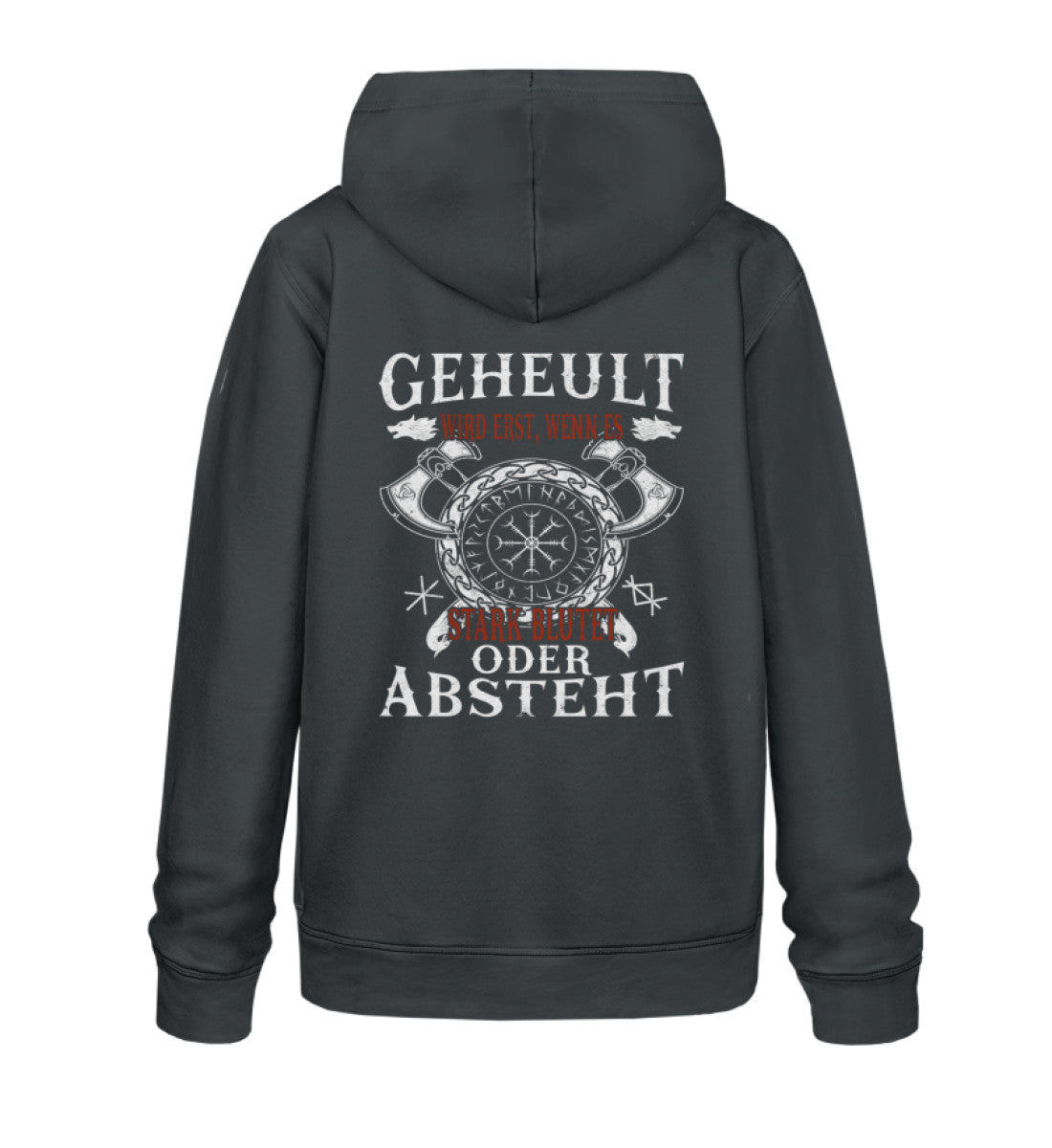 Lustiges Wikinger Premium Unisex Organic Hoodie 2.0 mit Geheult-Design - Rückansicht in Dunkelgrau, 100% Bio-Baumwolle