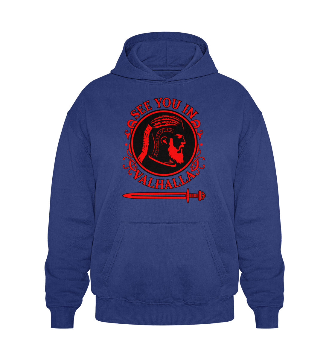 Blue oversized Wikinger Heavy vintage hoodie with 'See You In Valhalla' design, front kangaroo pocket, cozy hood, made of soft cotton for comfort.