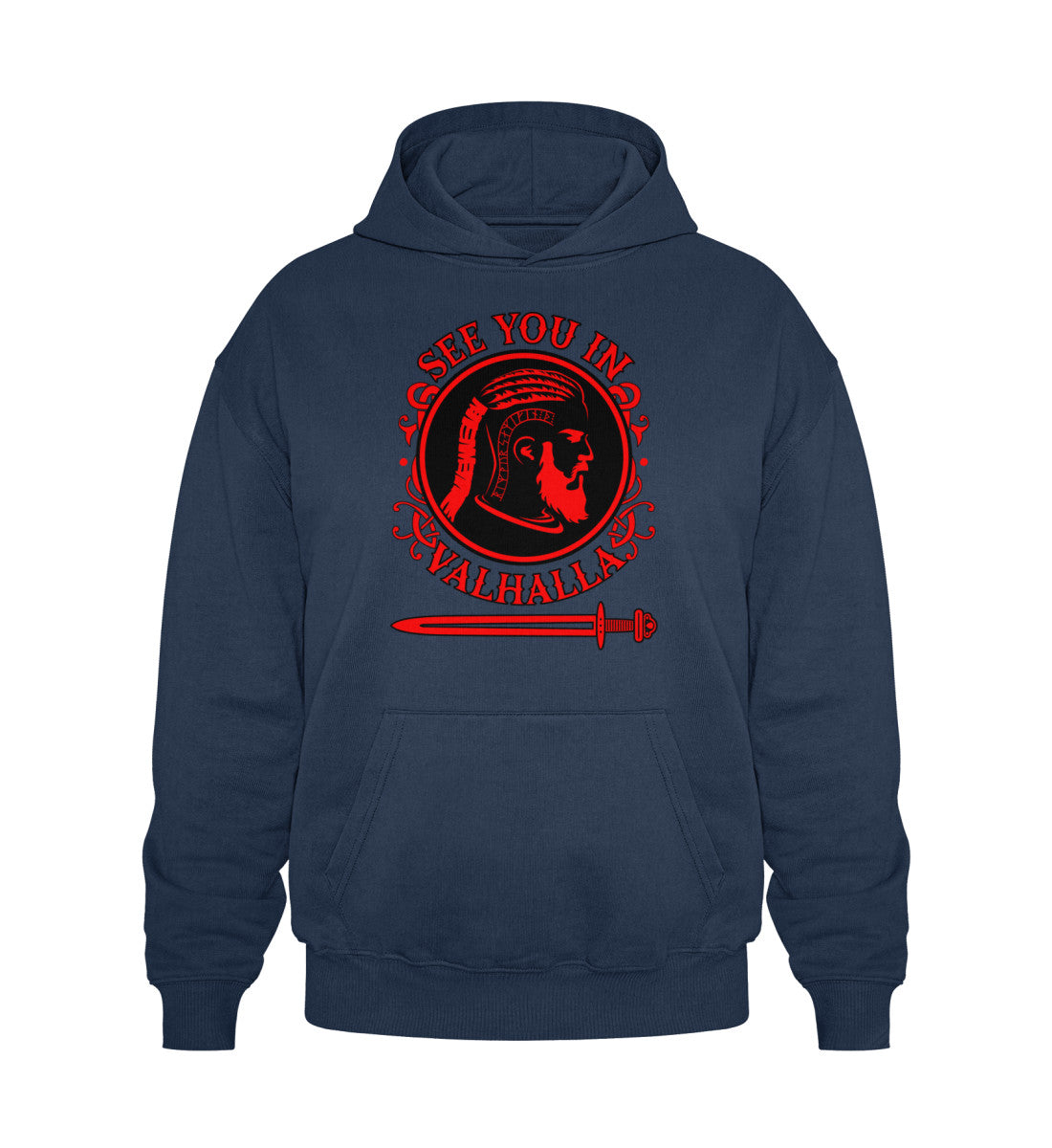 Wikinger Heavy Vintage Hoodie See You In Valhalla - Navy Blue Cooper Dry Hoodie with Kangaroo Pocket and Red Viking Graphic