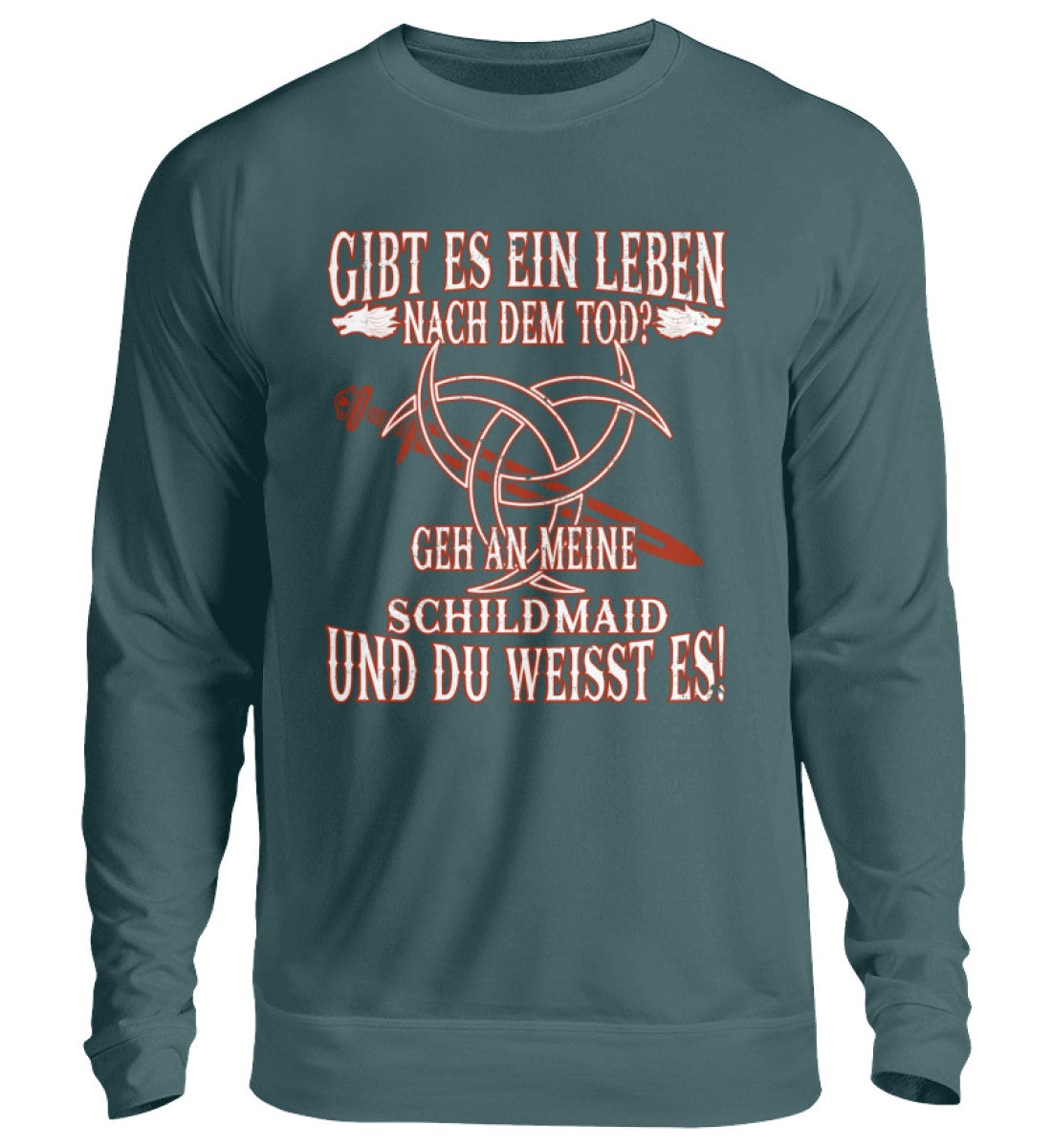 Lustiges Wikinger Sweatshirt mit Spruch "Gibt Es Ein Leben Nach Dem Tod?" - Unisex Pullover in Grau, 80% Baumwolle / 20% Polyester