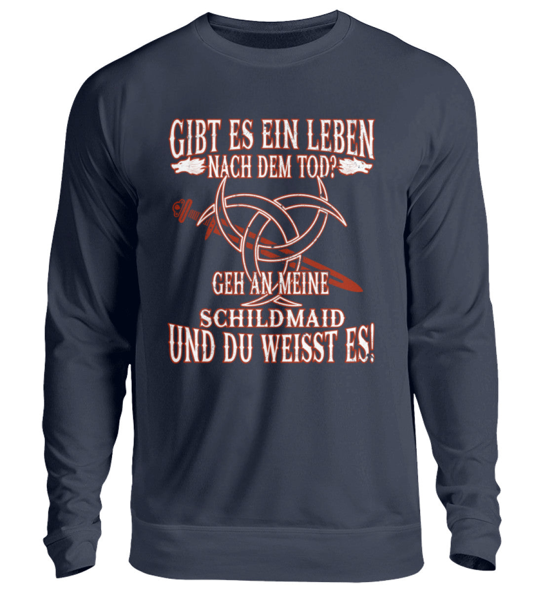 Lustiges Wikinger Sweatshirt, Gibt Es Ein Leben Nach Dem Tod, Unisex Pullover, dunkles Sweatshirt mit weißer und roter Aufschrift