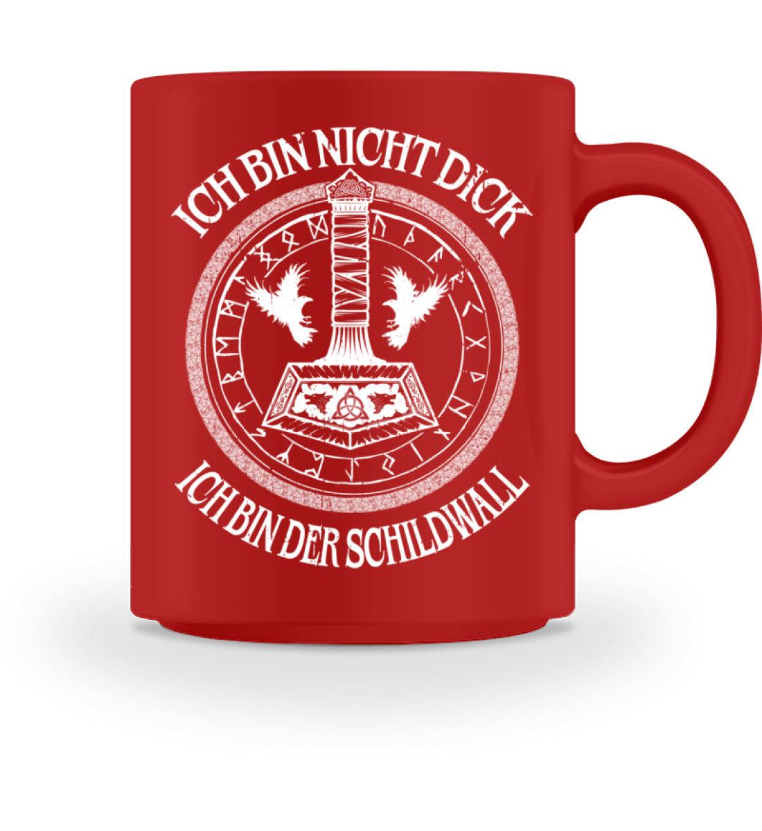 Rote Wikingertasse mit Thors Hammer, Runenkreis und dem Spruch "Ich bin nicht dick, ich bin der Schildwall"