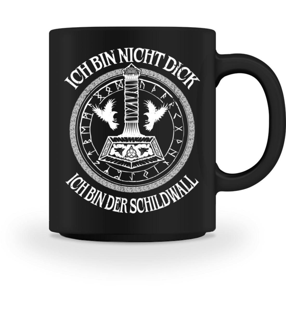 Wikinger Tasse mit Thors Hammer und Runenkreis, schwarzer Hintergrund, witziger Spruch "Ich bin nicht dick, ich bin der Schildwall".