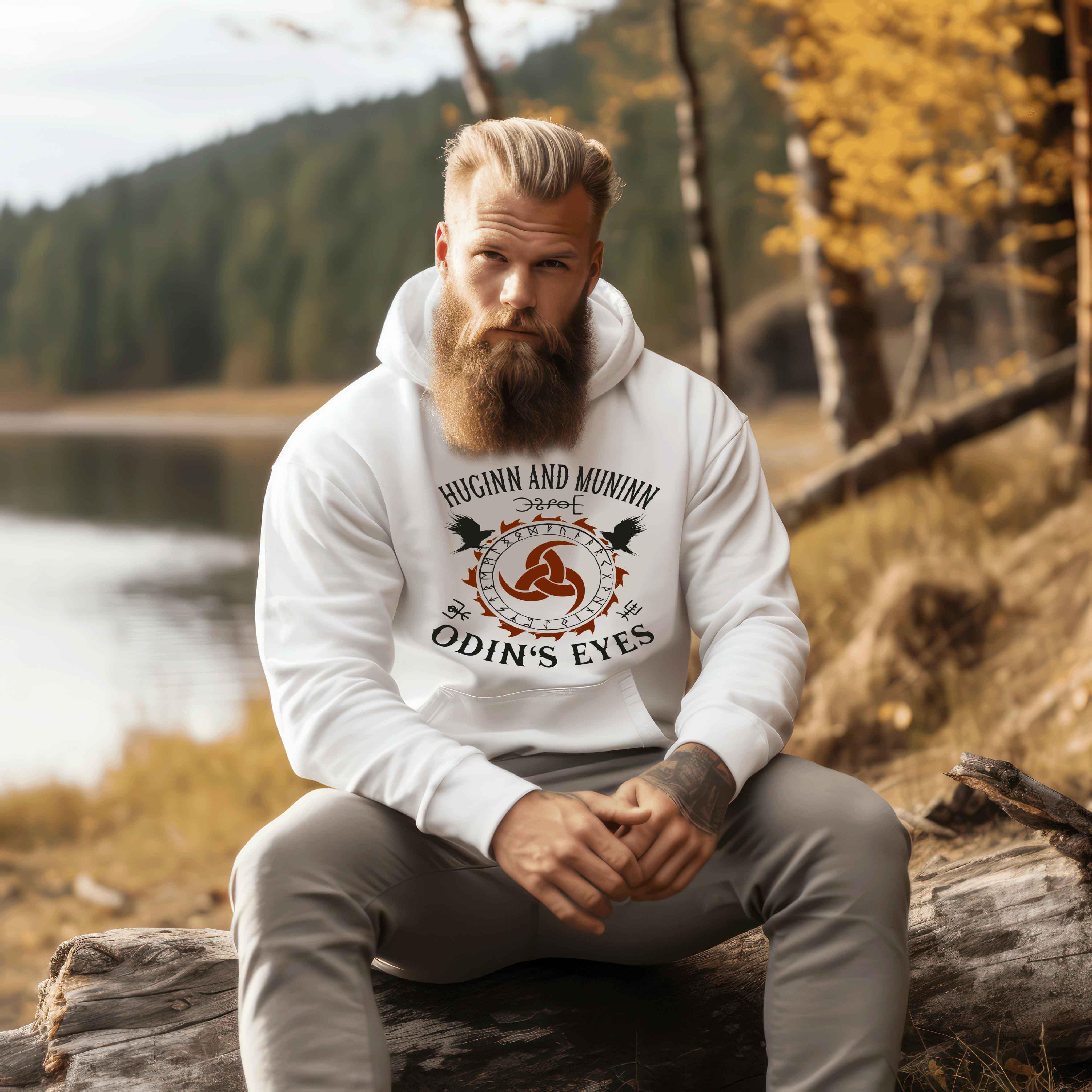 Wikinger Hoodie mit Odins Gjallarhorn, Runenkreis & Raben - Huginn und Muninn Design - Nordische Mythologie Pullover - Nordic Viking Wear