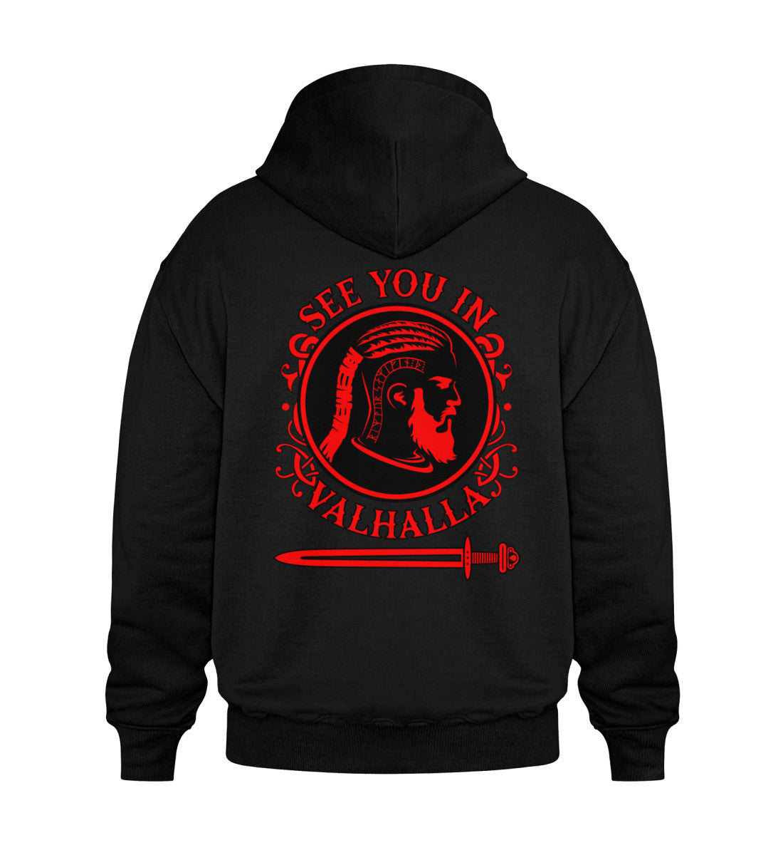 Black Wikinger Heavy Hoodie with red See You In Valhalla design, featuring a Viking helmet and sword on the back