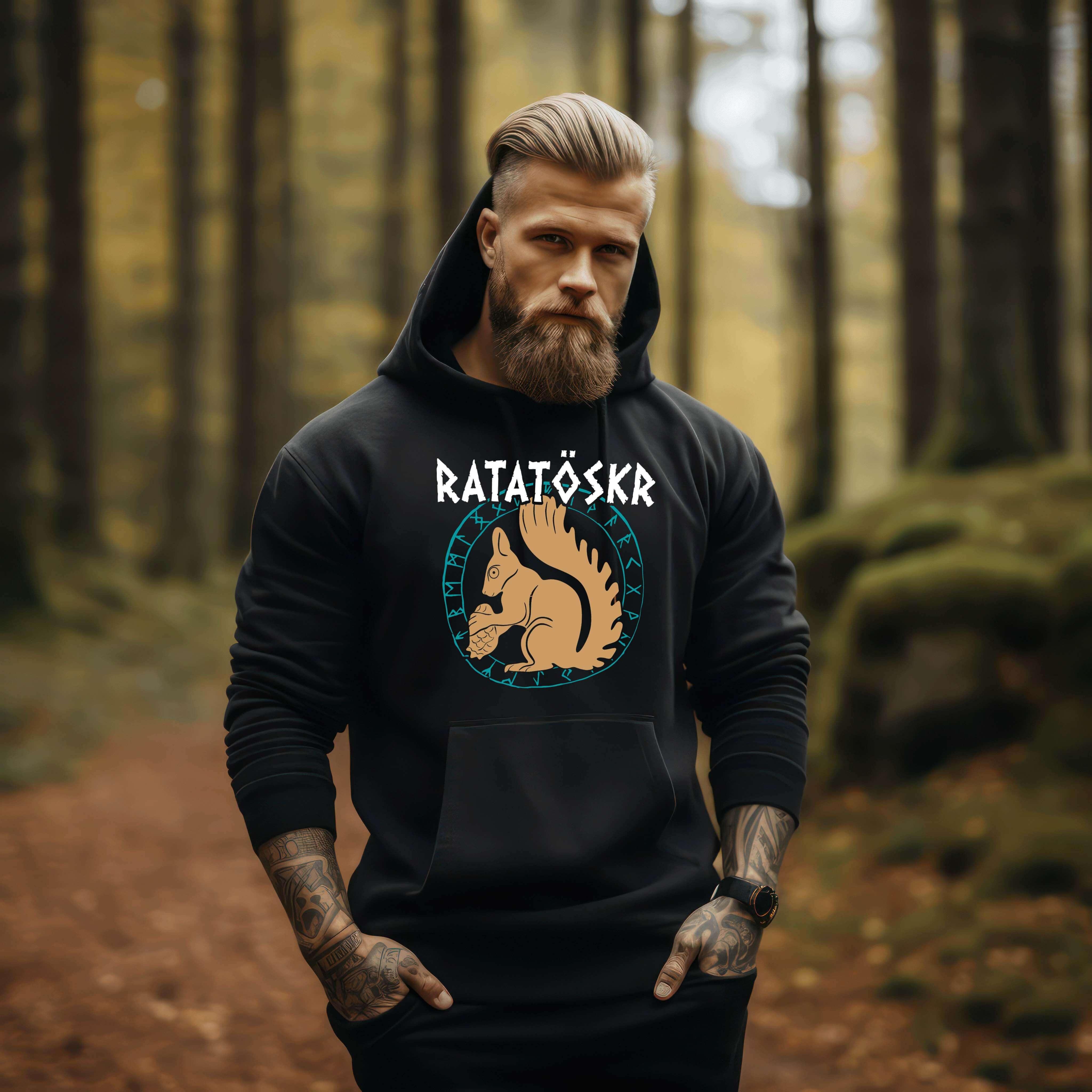 Hoodie "RATATÖSKR" – Eichhörnchen-Design mit Runenkreis