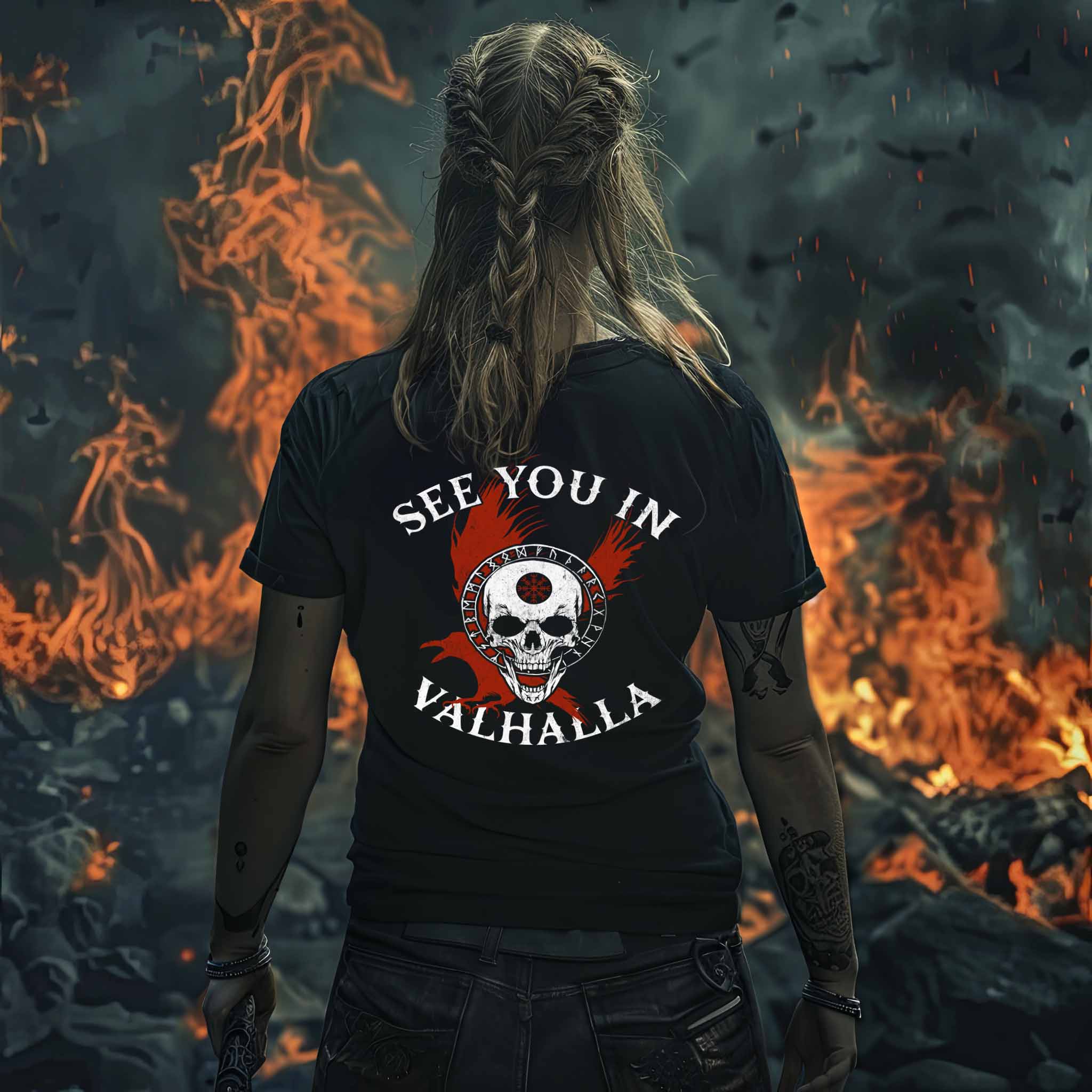 Schildmaiden-Expresser Shirt "See You in Valhalla" mit Helm of Awe-Schädel