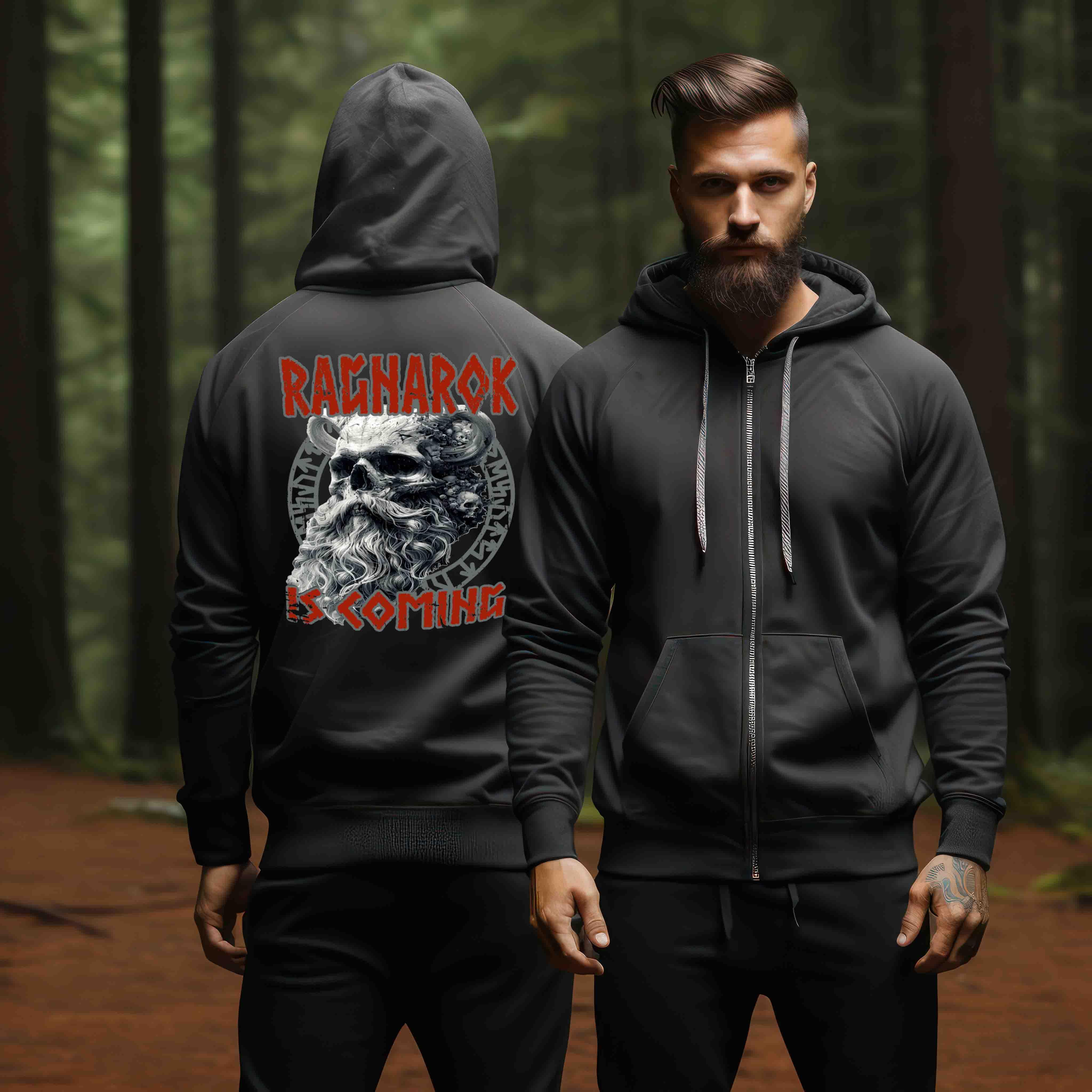 Wikinger-Zip-Hoodie "Ragnarok is Coming" – Nordische Mythologie, Krieger-Skull-Design