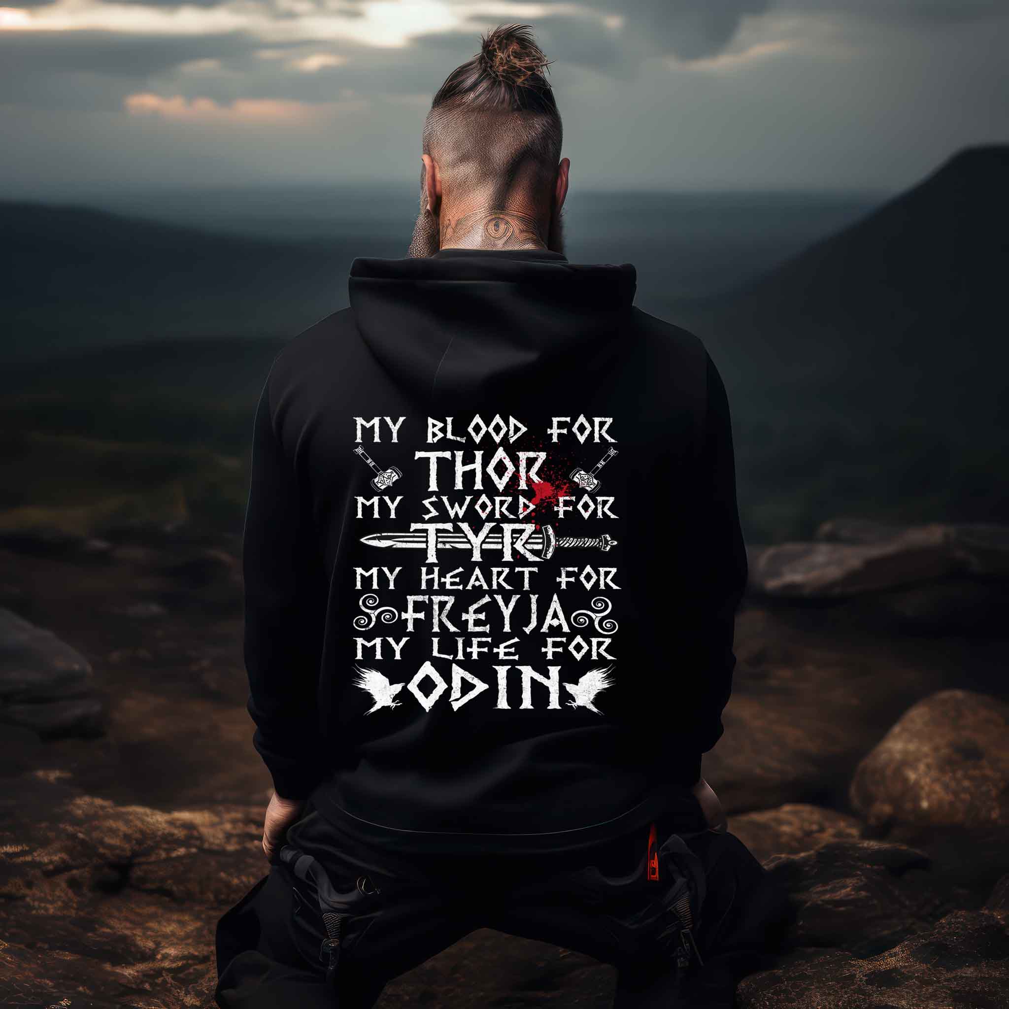 Wikinger-Treue-Zip-Hoodie: "My Blood for Thor, My Sword for Tyr, My Heart for Freyja, My Life for Odin"