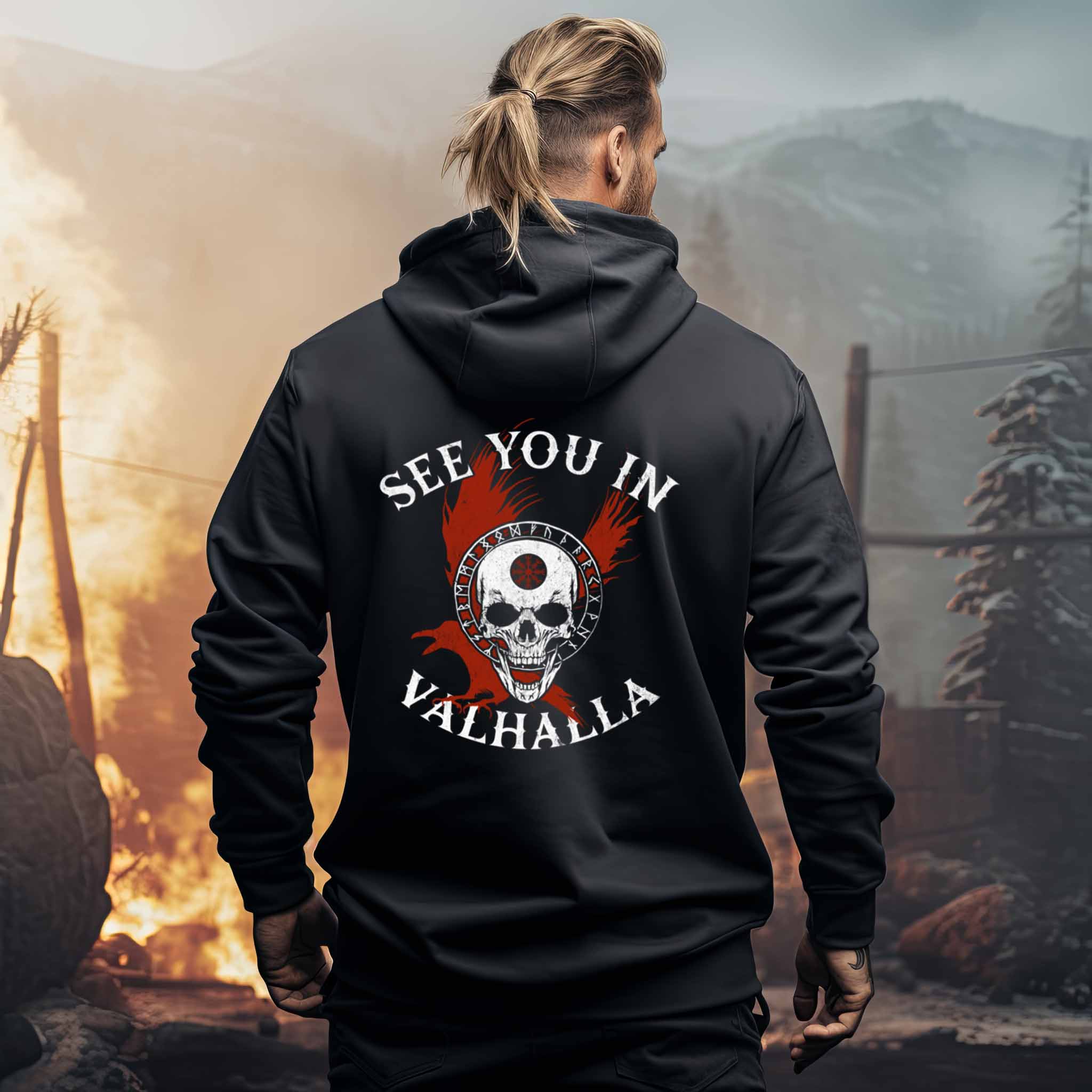 Wikinger-Organic Zip-Hoodie "See You in Valhalla" mit Helm of Awe-Schädel