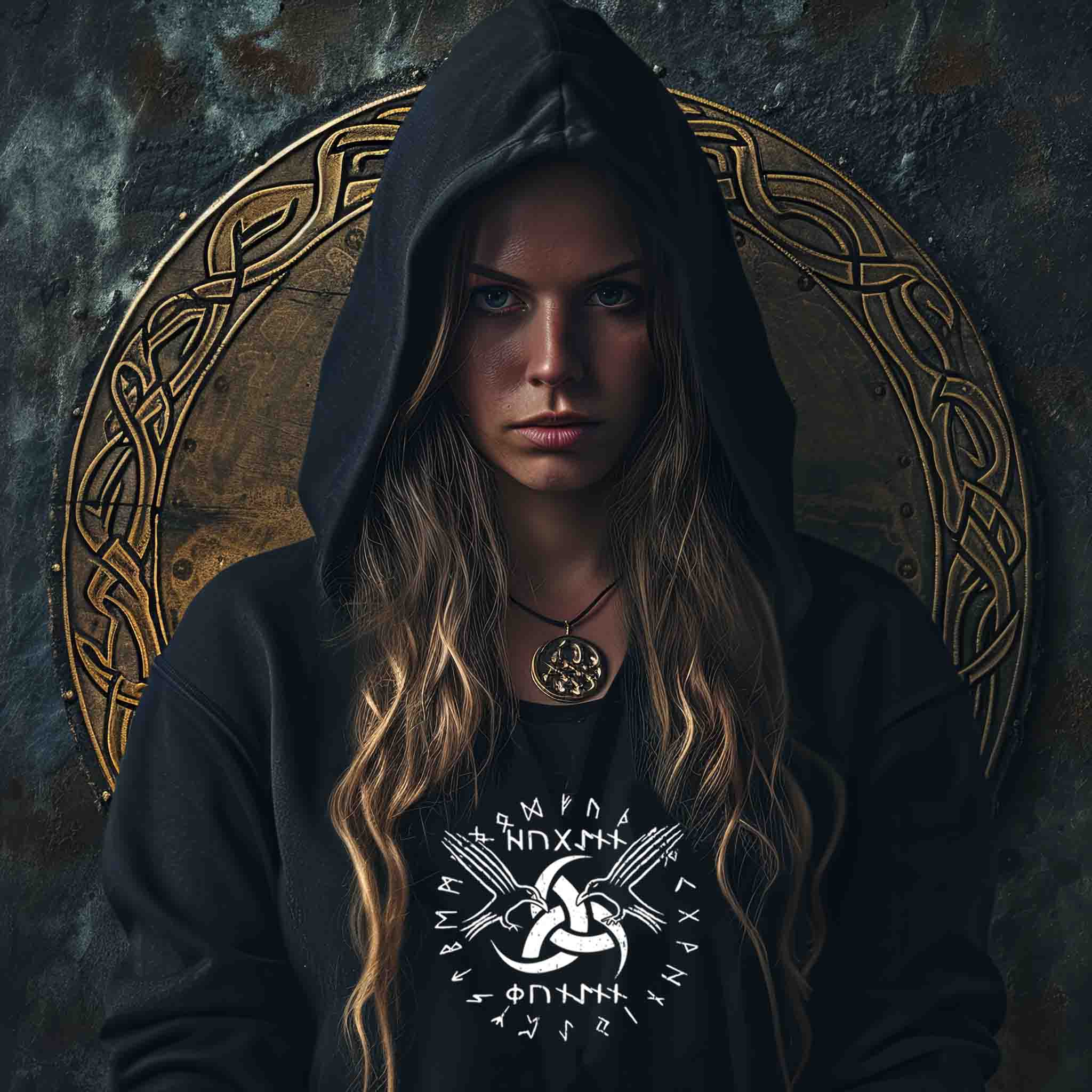 Schildmaiden-Hoodie "Odins Boten" - Huginn und Muninn mit Gjallarhorn