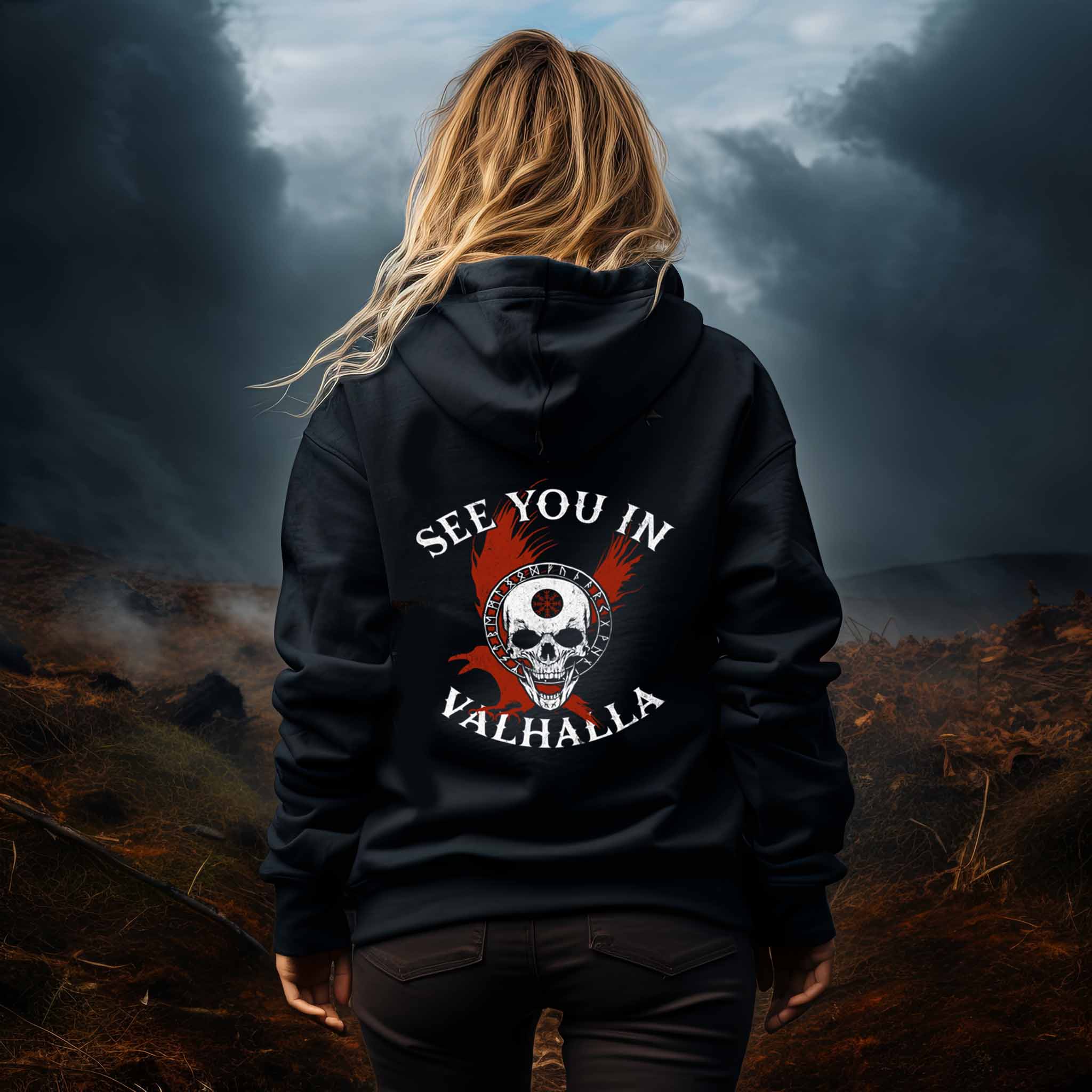 Schildmaiden-Hoodie "See You in Valhalla" mit Helm of Awe-Schädel