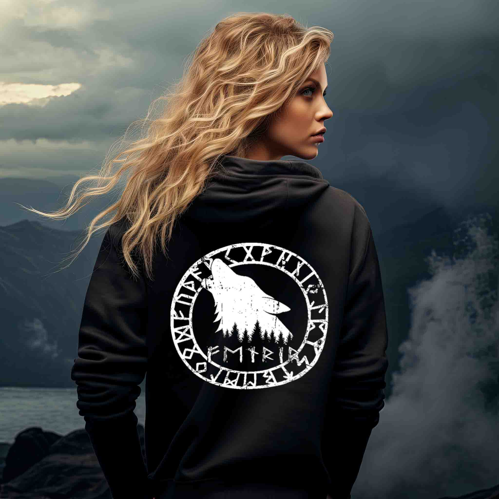 "Fenrir Runenkreis" Wikinger-Schildmaiden Zipp-Hoodie – Verkörpere die Macht des legendären Wolfs